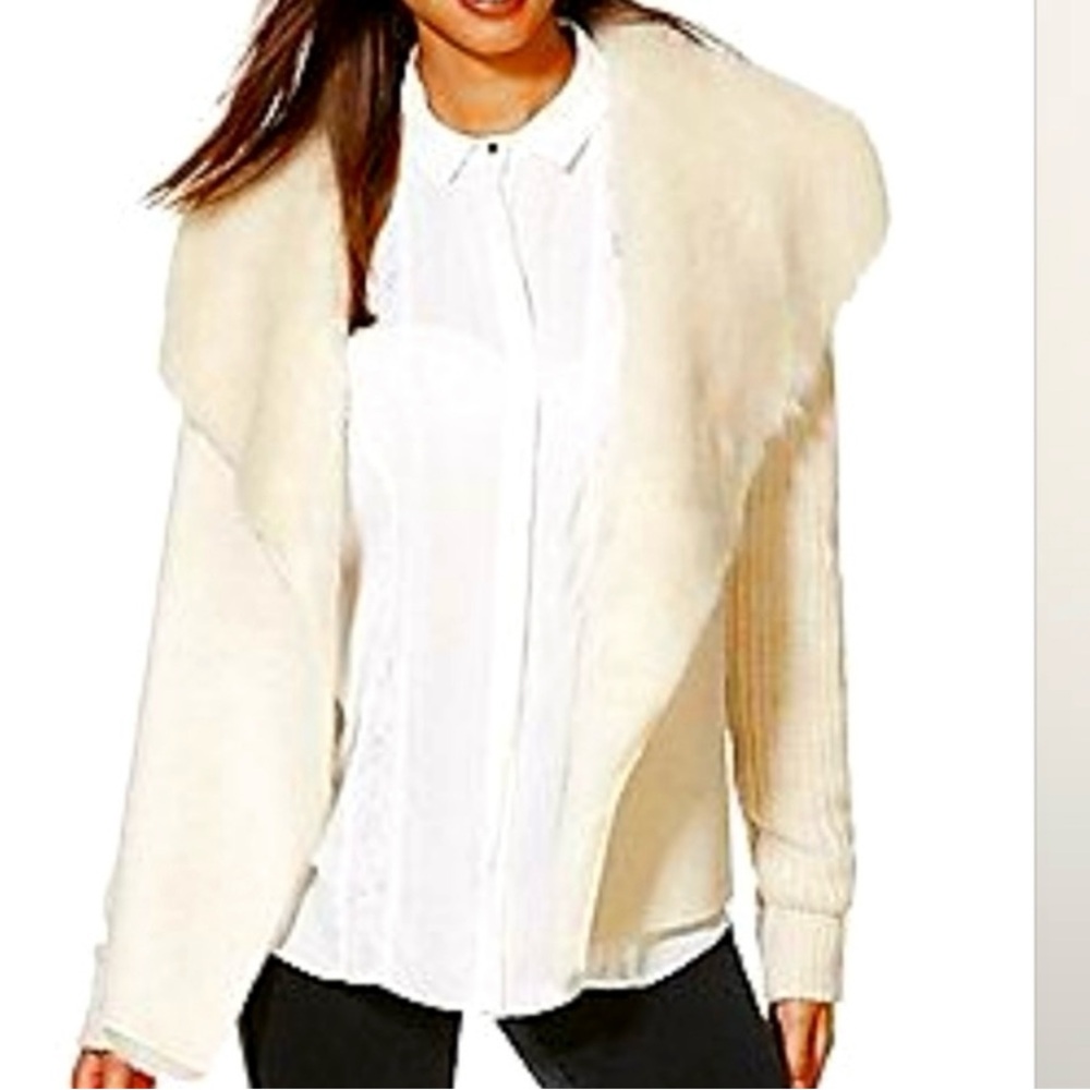 Kate & Sam Waterfall Sweater Cardigan Faux Suede & Fur Front Shawl Collar knit L